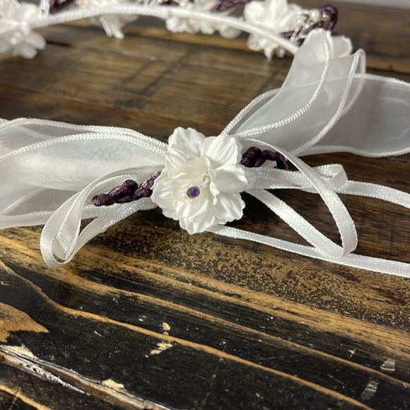 Flower girl crown halo with pretty flowers, pearls and beads - Picture 8 of 13